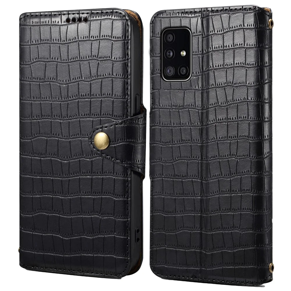 For Samsung Galaxy A51 4G SM-A515 Wallet Case PU Leather Crocodile Texture Phone Cover - Black - 1