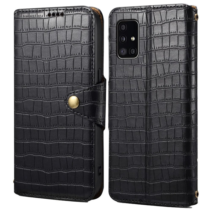 For Samsung Galaxy A51 4G SM-A515 Wallet Case PU Leather Crocodile Texture Phone Cover - Black - 1