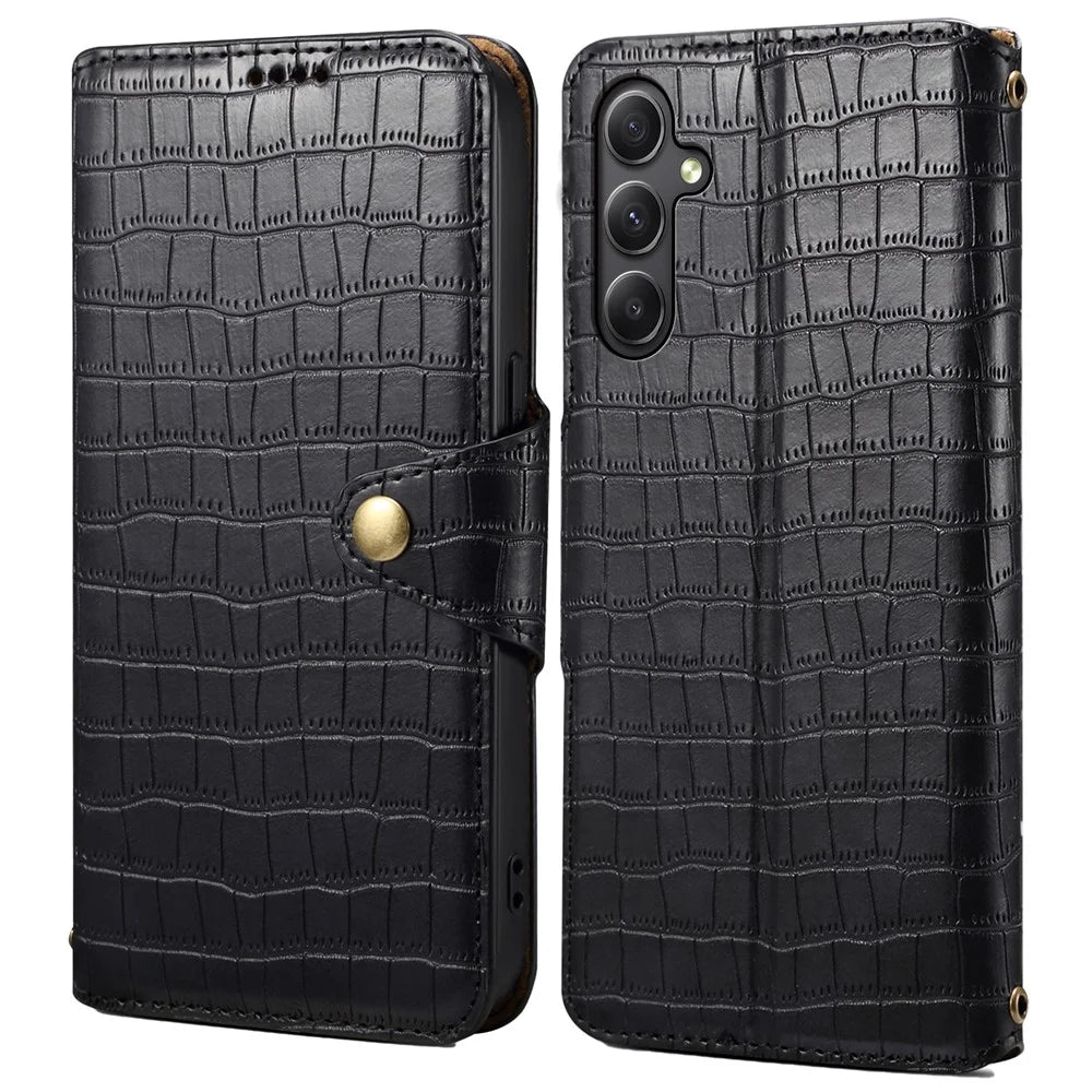For Samsung Galaxy A34 5G Case Crocodile Texture Leather Stand Folio Smartphone Cover - Black - 1