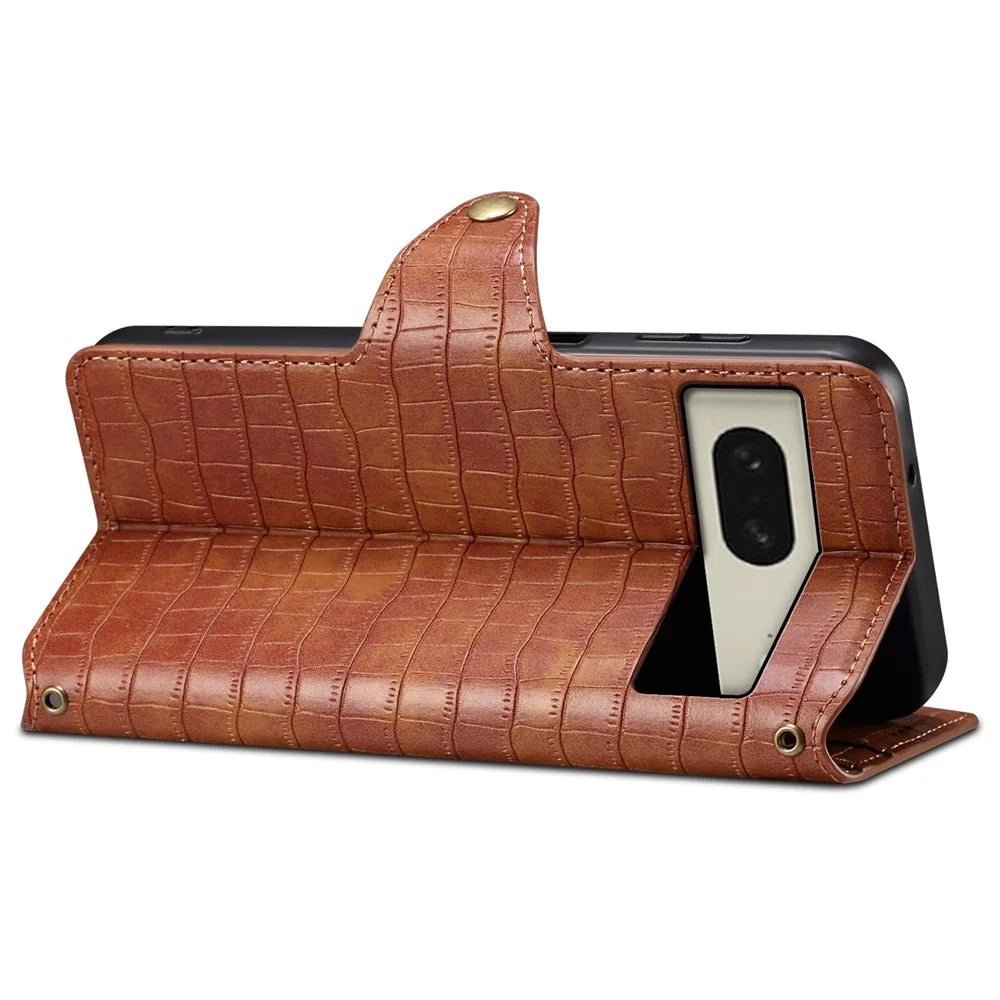 For Google Pixel 8 Leather Case Crocodile Texture Full Protection Wallet Phone Cover - Brown - 3