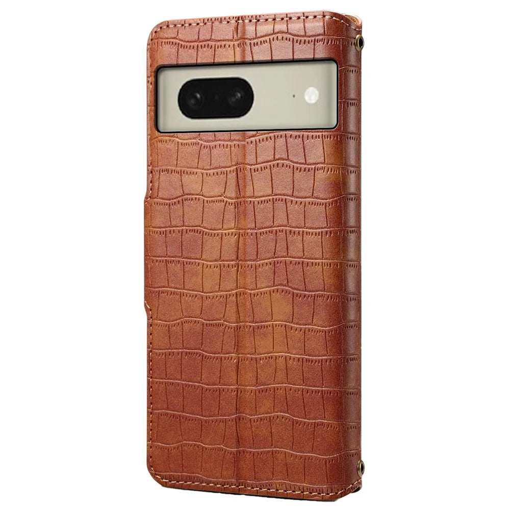 For Google Pixel 8 Leather Case Crocodile Texture Full Protection Wallet Phone Cover - Brown - 6