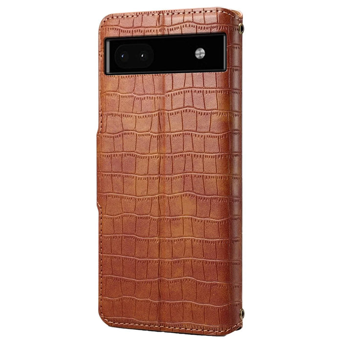 Phone Cover for Google Pixel 6a Crocodile Texture PU Leather Wallet Phone Case with Folding Stand - Brown - 6