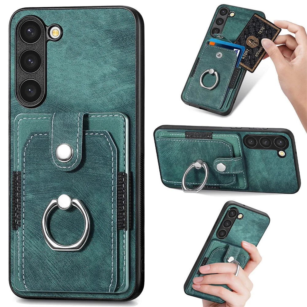 D2 For Samsung Galaxy S23 Case Ring Kickstand Leather+TPU Phone Cover with Card Holder - Green - 1