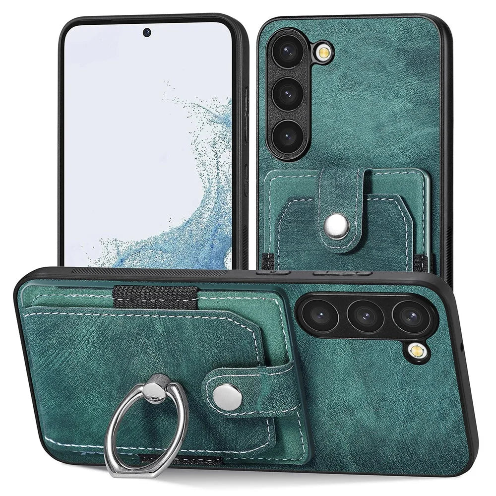 D2 For Samsung Galaxy S23 Case Ring Kickstand Leather+TPU Phone Cover with Card Holder - Green - 2