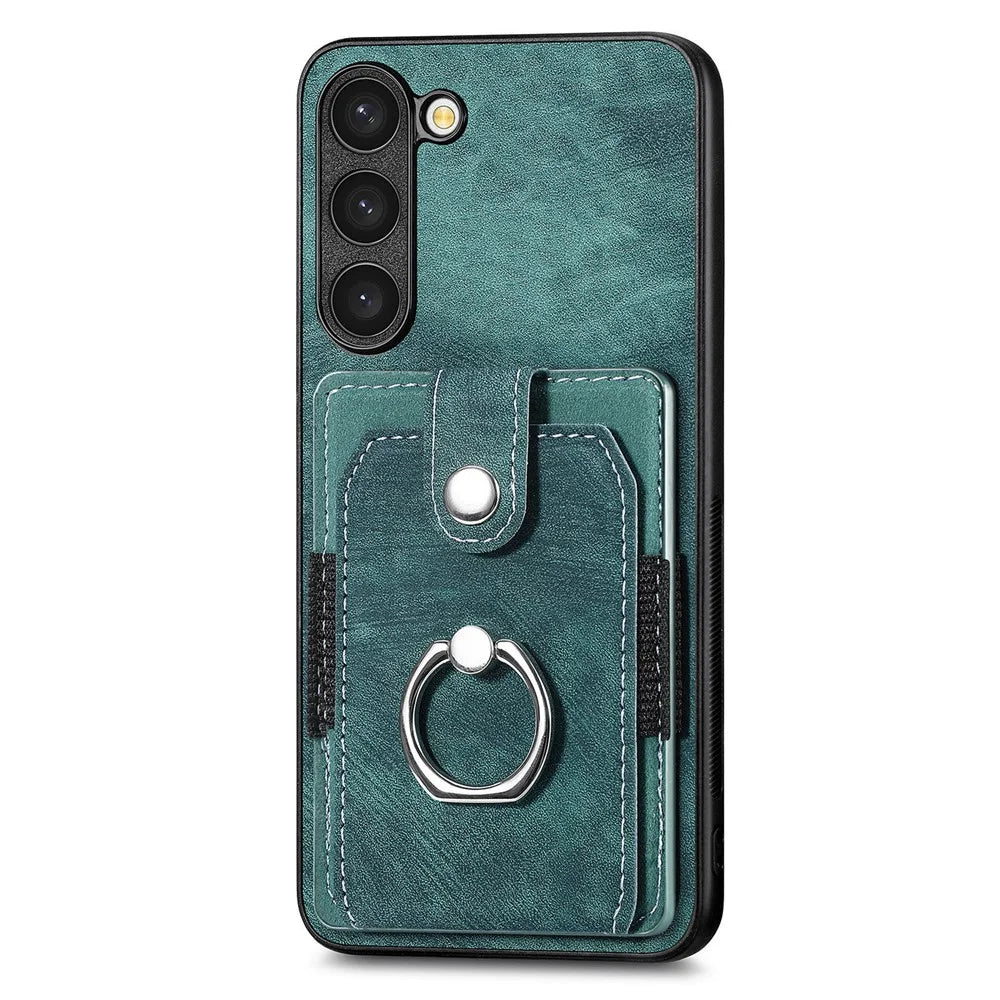 D2 For Samsung Galaxy S23 Case Ring Kickstand Leather+TPU Phone Cover with Card Holder - Green - 3
