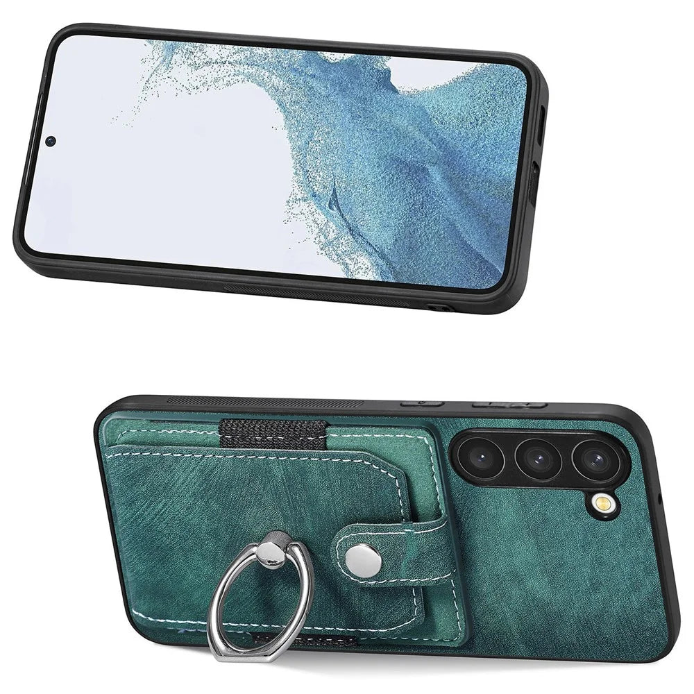 D2 For Samsung Galaxy S23 Case Ring Kickstand Leather+TPU Phone Cover with Card Holder - Green - 4