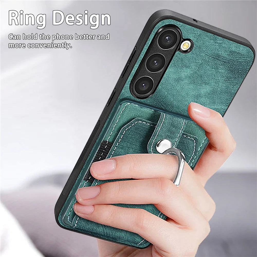 D2 For Samsung Galaxy S23 Case Ring Kickstand Leather+TPU Phone Cover with Card Holder - Green - 5