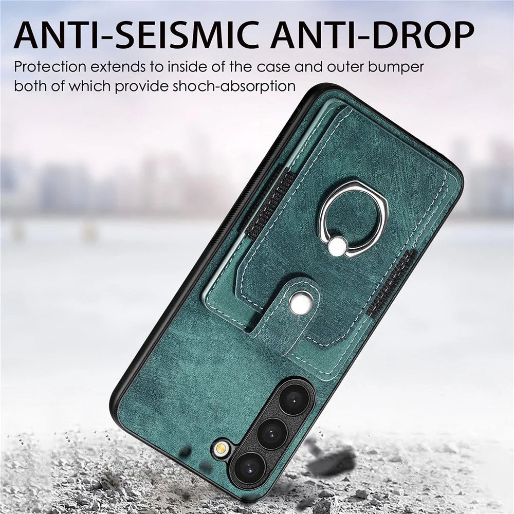 D2 For Samsung Galaxy S23 Case Ring Kickstand Leather+TPU Phone Cover with Card Holder - Green - 6
