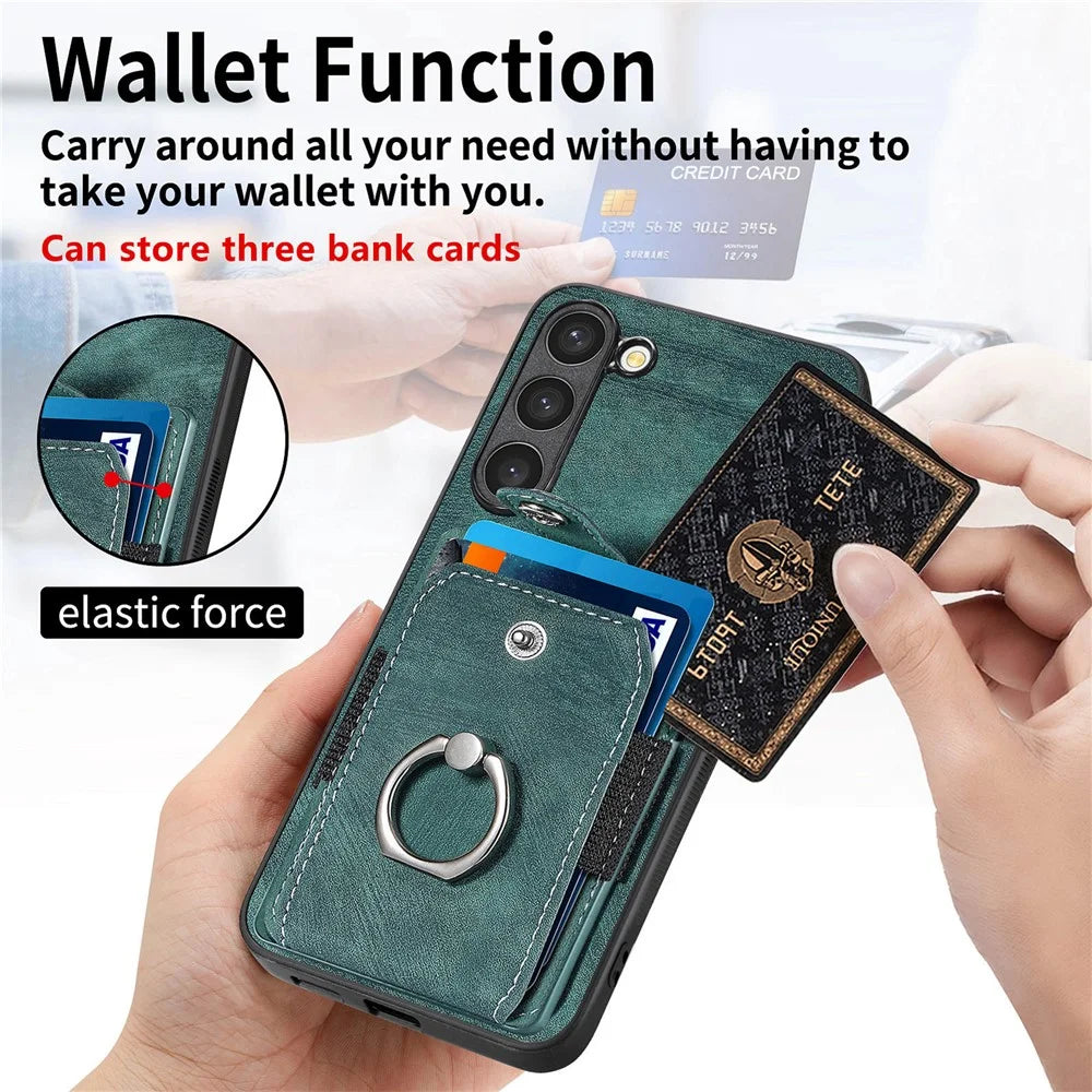 D2 For Samsung Galaxy S23 Case Ring Kickstand Leather+TPU Phone Cover with Card Holder - Green - 7
