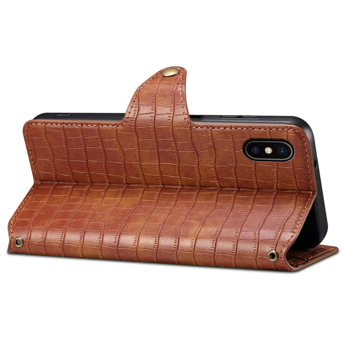 For iPhone X / XS Wallet Phone Cover Anti-Scratch PU Leather Case Stand Crocodile Texture Shell - Brown - 3