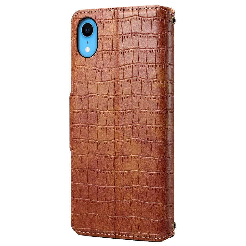 For iPhone XR 6.1 inch Anti-scratch Leather Case Crocodile Texture Wallet Phone Cover - Brown - 6