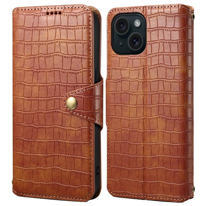 For iPhone 15 Leather Case Crocodile Texture Wallet Full Protection Phone Cover - Brown - 1