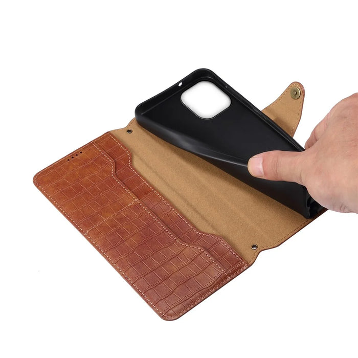 For iPhone 14 Case Crocodile Texture Leather Phone Cover with Wallet Card Slots - Brown - 4