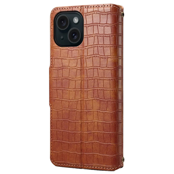 For iPhone 14 Case Crocodile Texture Leather Phone Cover with Wallet Card Slots - Brown - 6