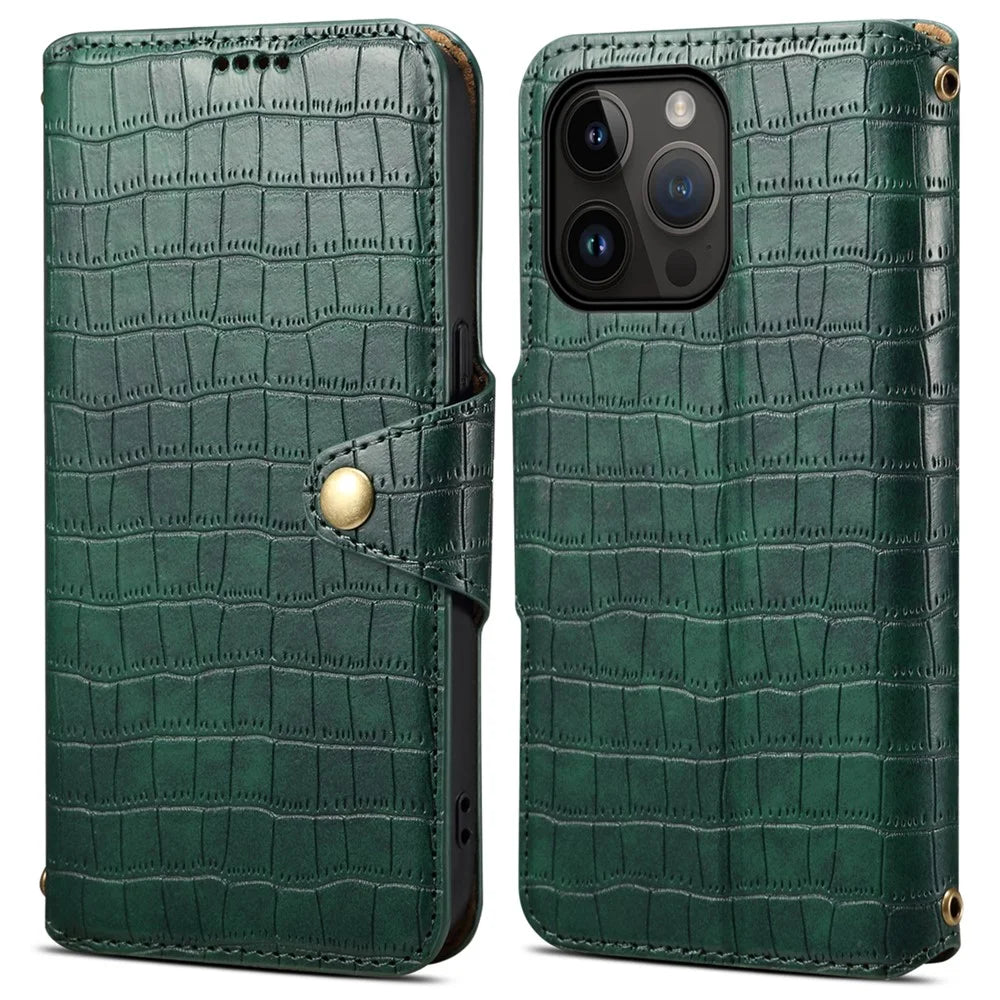 For iPhone 13 Pro Max Leather Cover Crocodile Texture Anti-Drop Wallet Phone Case - Green - 1