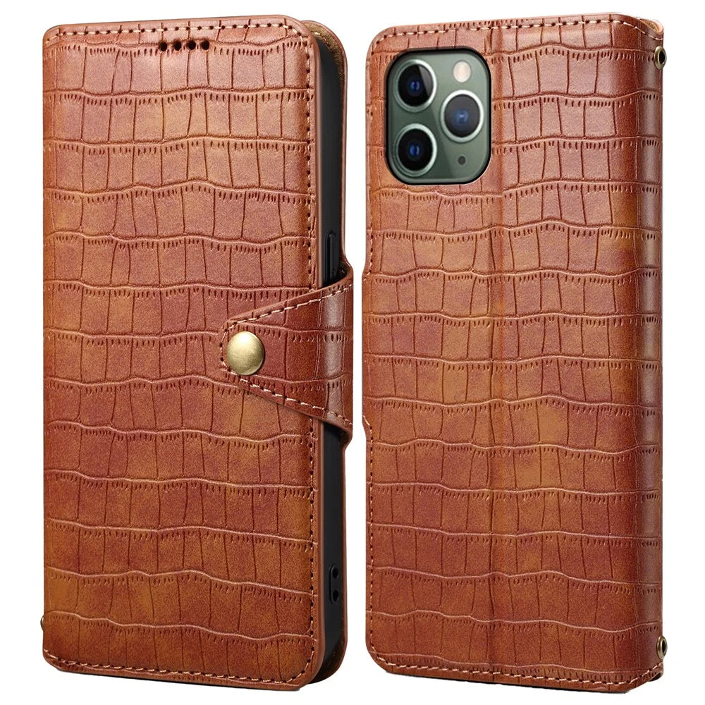 Leather Case for iPhone 12 / 12 Pro Crocodile Texture Wallet Shockproof Phone Cover - Brown - 1