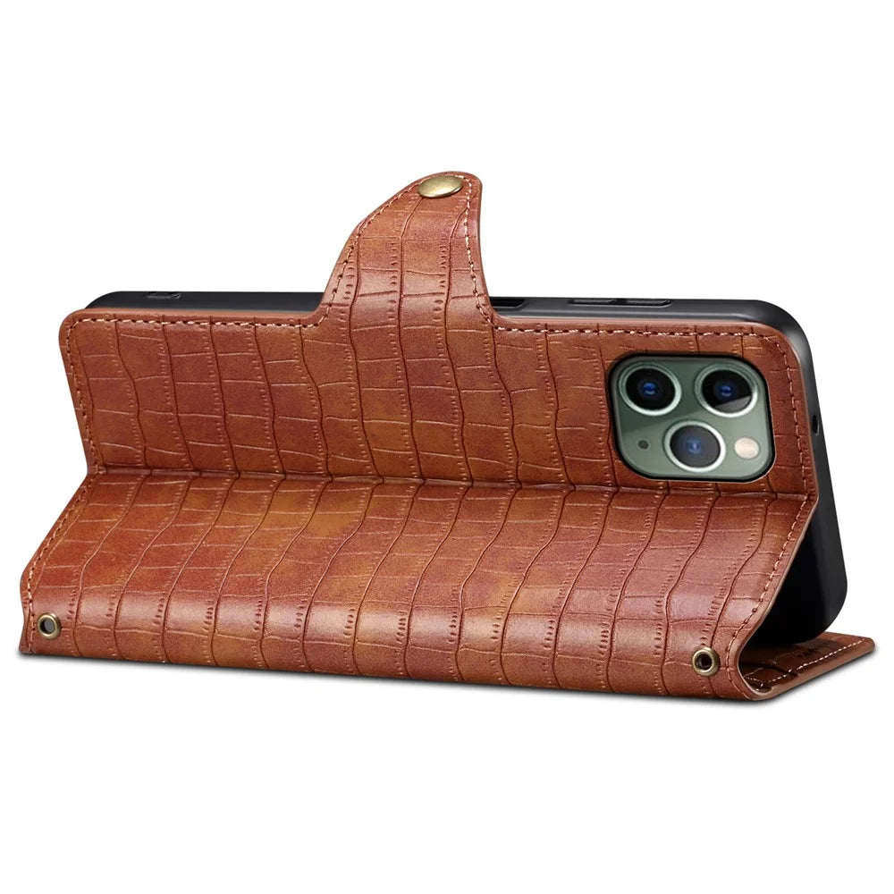 Leather Case for iPhone 12 / 12 Pro Crocodile Texture Wallet Shockproof Phone Cover - Brown - 3