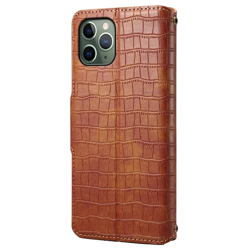 Leather Case for iPhone 12 / 12 Pro Crocodile Texture Wallet Shockproof Phone Cover - Brown - 6