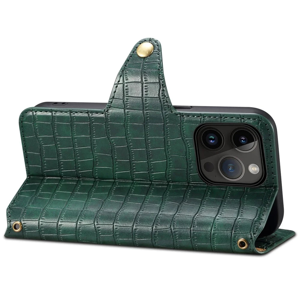Leather Case for iPhone 13 Pro Drop Protection Crocodile Texture Wallet Phone Cover - Green - 3
