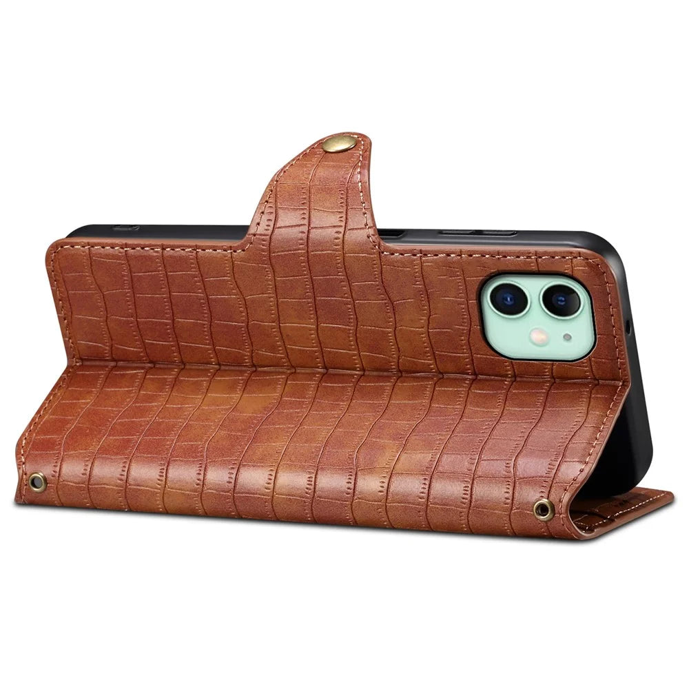 For iPhone 11 Cover Crocodile Texture Leather Case Classic Wallet Stand Cover - Brown - 3