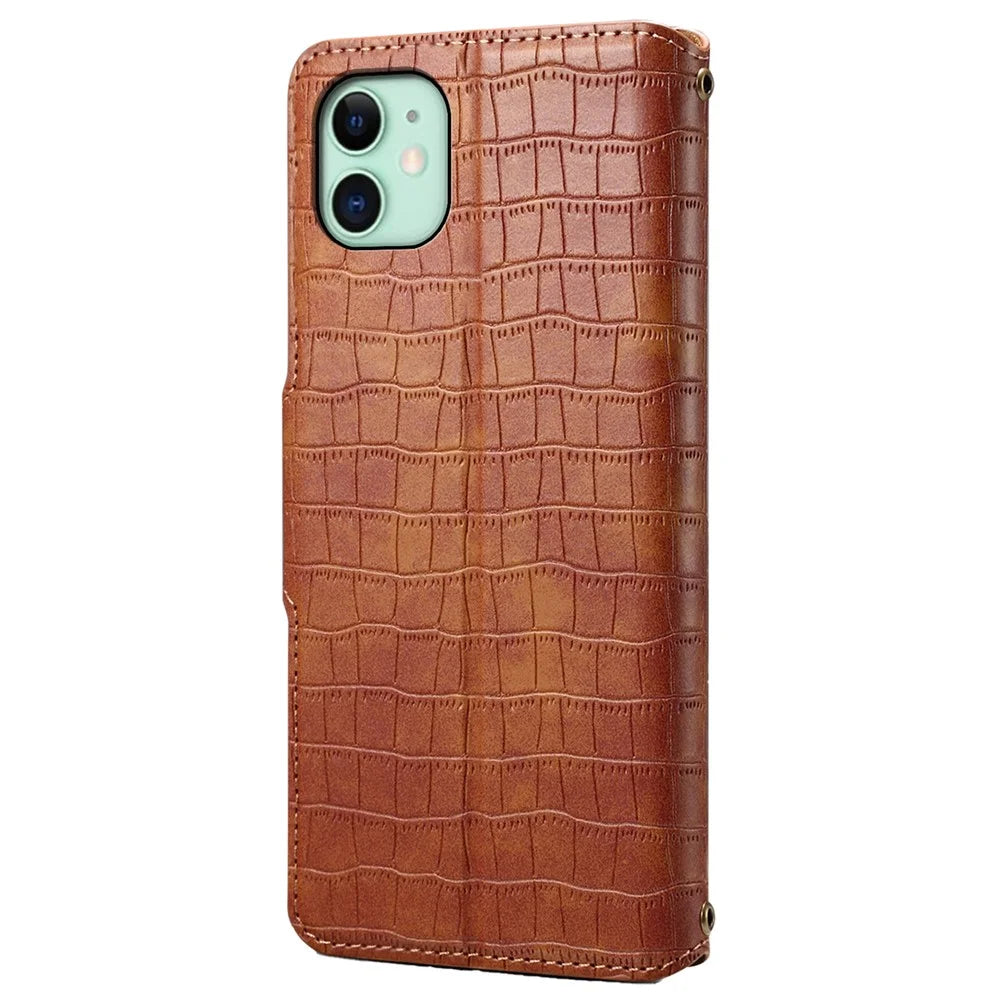 For iPhone 11 Cover Crocodile Texture Leather Case Classic Wallet Stand Cover - Brown - 6