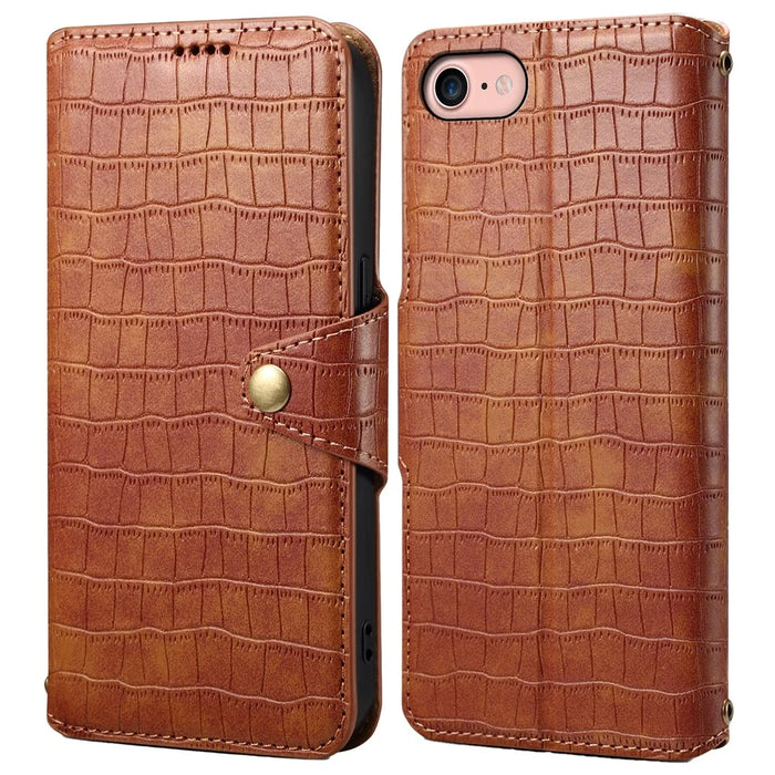 For iPhone 7 / 8 / SE (2020) / SE (2022) Case Folio Stand Feature Crocodile Texture Leather Phone Cover - Brown - 1