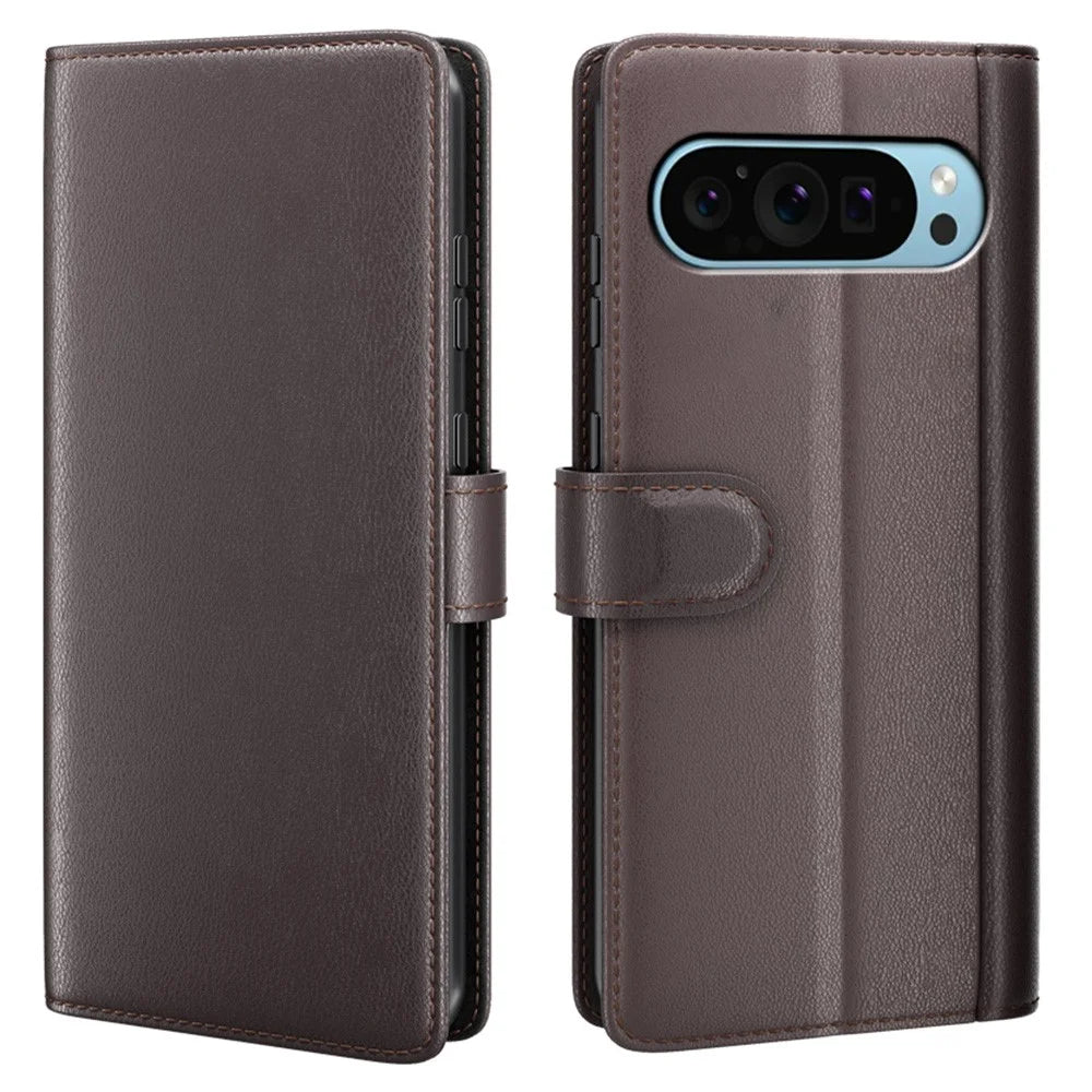 For Google Pixel 9 / Pixel 9 Pro Case Genuine Split Leather Phone Cover with Wallet Stand - Brown - 1