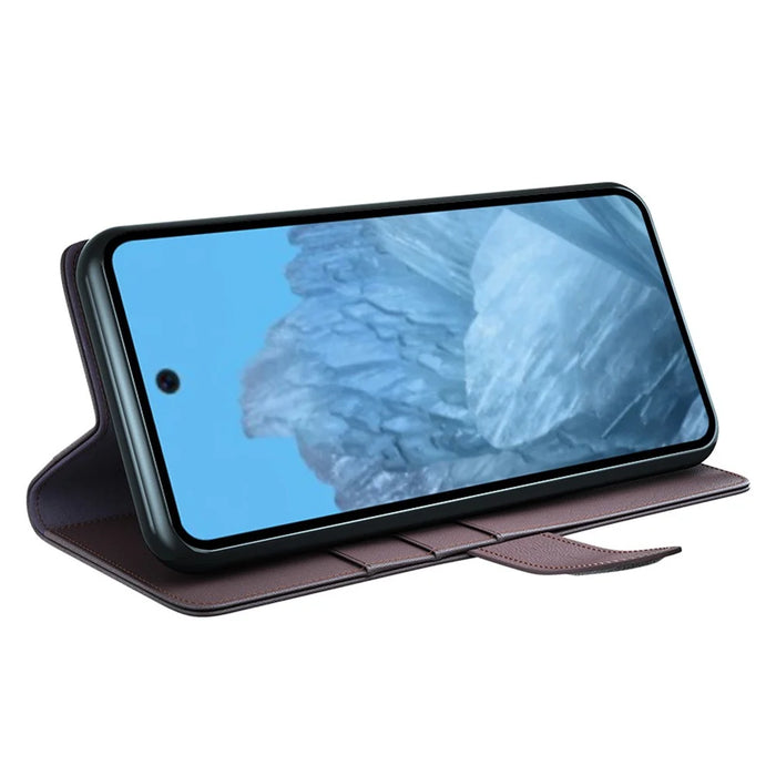 For Google Pixel 9 / Pixel 9 Pro Case Genuine Split Leather Phone Cover with Wallet Stand - Brown - 3