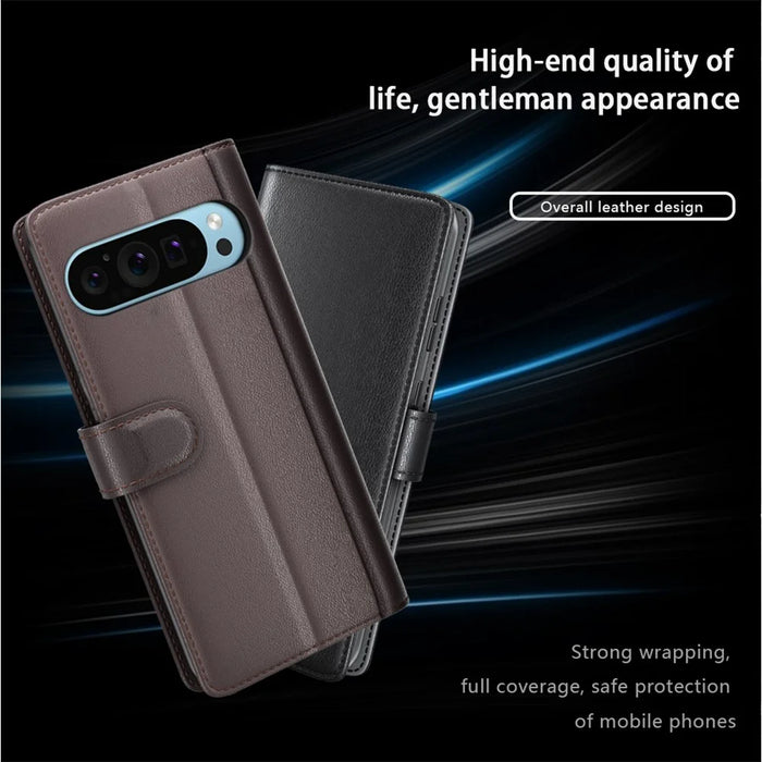 For Google Pixel 9 / Pixel 9 Pro Case Genuine Split Leather Phone Cover with Wallet Stand - Brown - 4