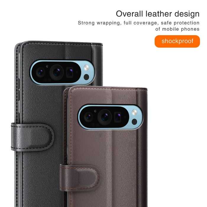 For Google Pixel 9 / Pixel 9 Pro Case Genuine Split Leather Phone Cover with Wallet Stand - Brown - 5