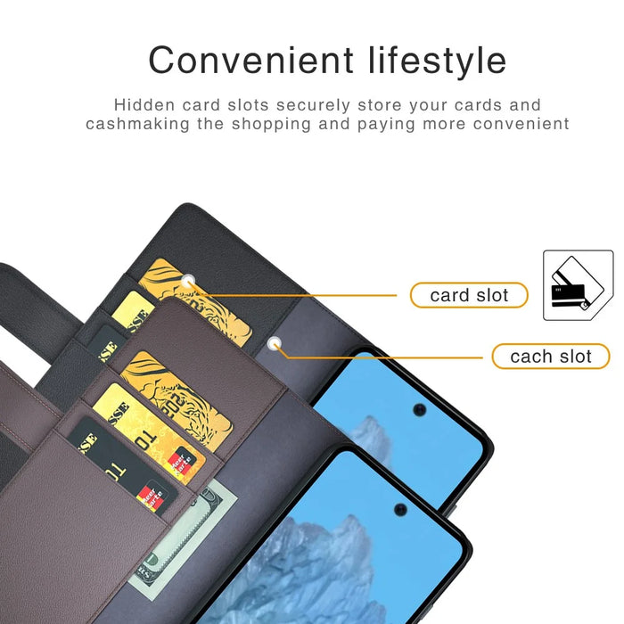 For Google Pixel 9 / Pixel 9 Pro Case Genuine Split Leather Phone Cover with Wallet Stand - Brown - 7