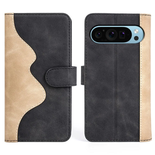 For Google Pixel 9 / Pixel 9 Pro Case PU Leather Wallet Color Splicing Drop-Proof Cell Phone Cover - Black - 1