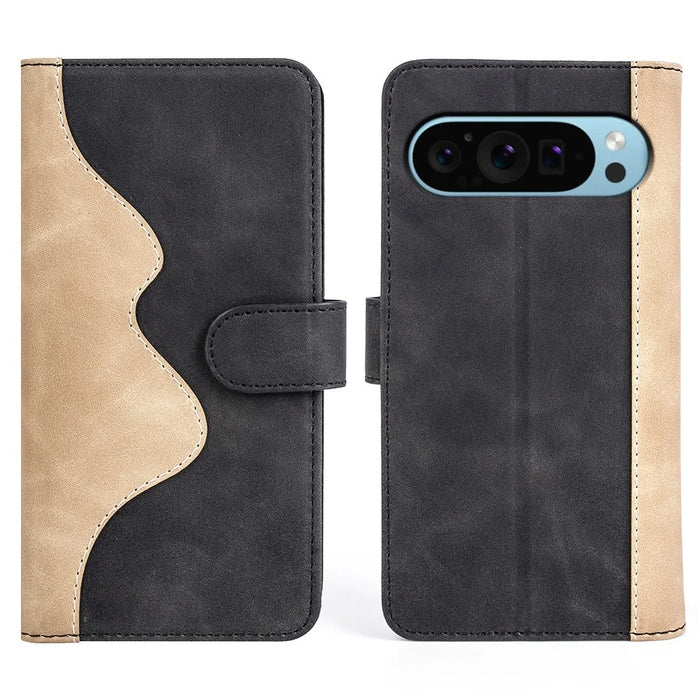 For Google Pixel 9 / Pixel 9 Pro Case PU Leather Wallet Color Splicing Drop-Proof Cell Phone Cover - Black - 1