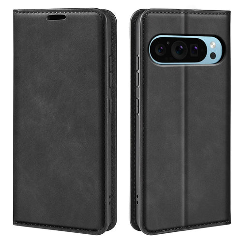 For Google Pixel 9 / Pixel 9 Pro Leather Case Skin-Touch Magnetic Closing Phone Cover - Black - 1