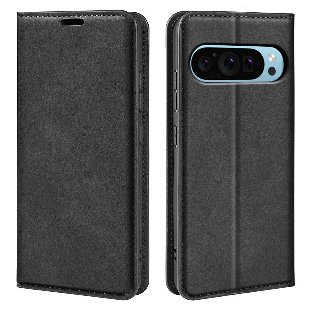 For Google Pixel 9 / Pixel 9 Pro Leather Case Skin-Touch Magnetic Closing Phone Cover - Black - 1