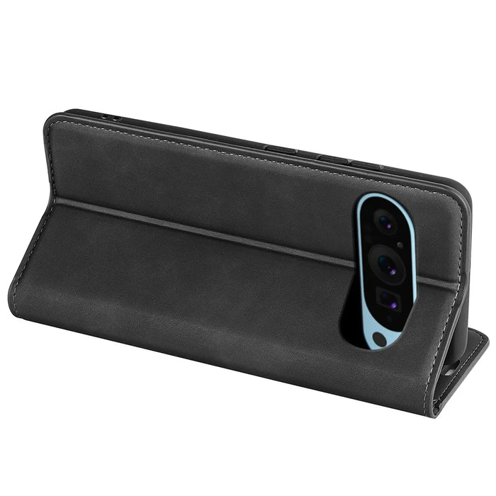 For Google Pixel 9 / Pixel 9 Pro Leather Case Skin-Touch Magnetic Closing Phone Cover - Black - 4