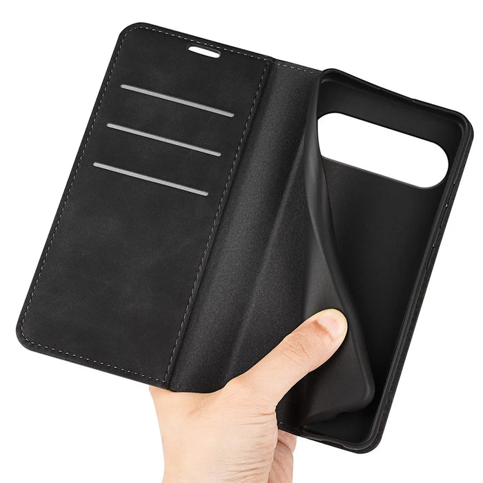 For Google Pixel 9 / Pixel 9 Pro Leather Case Skin-Touch Magnetic Closing Phone Cover - Black - 5