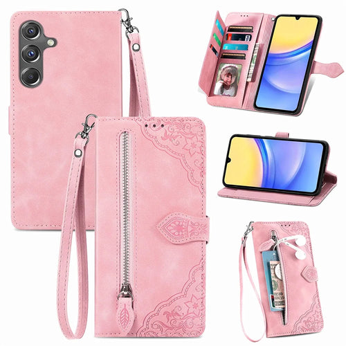 For Samsung Galaxy A15 4G / 5G Zipper Wallet Case with Strap Flower Imprint PU Leather Phone Cover - Pink - 1