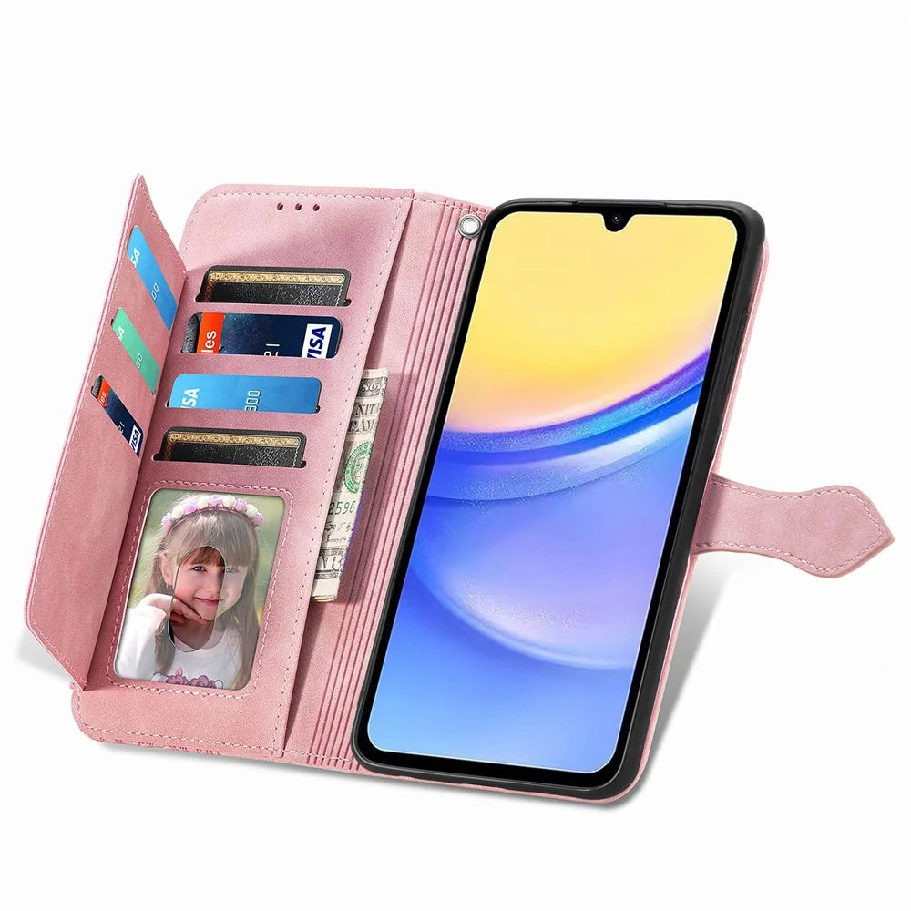 For Samsung Galaxy A15 4G / 5G Zipper Wallet Case with Strap Flower Imprint PU Leather Phone Cover - Pink - 2