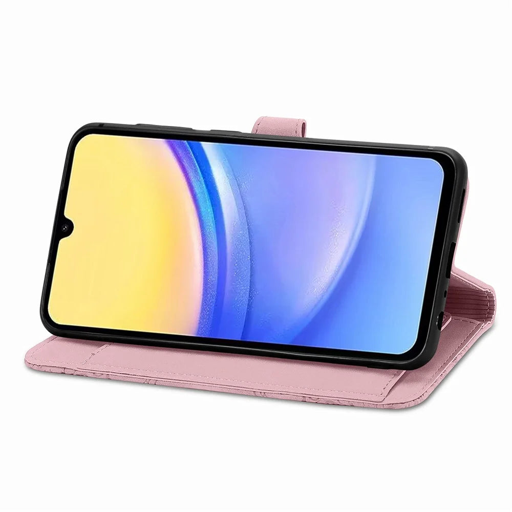 For Samsung Galaxy A15 4G / 5G Zipper Wallet Case with Strap Flower Imprint PU Leather Phone Cover - Pink - 3