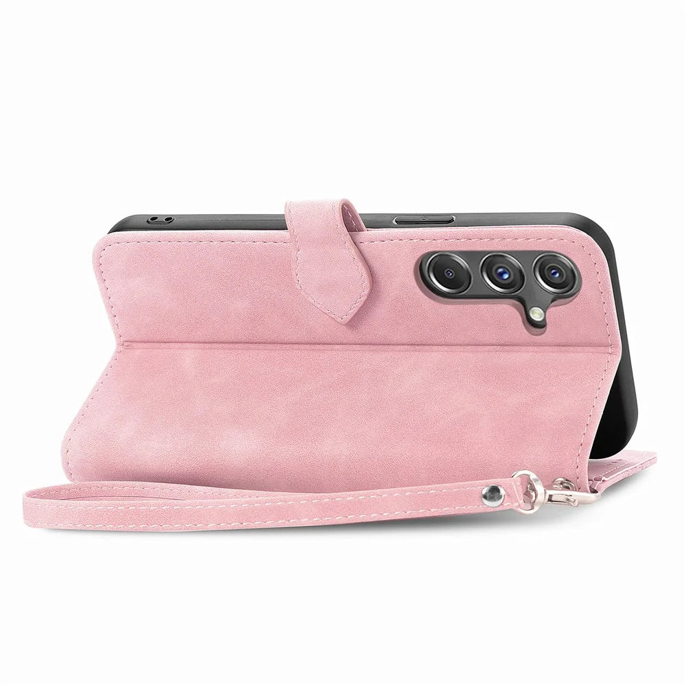 For Samsung Galaxy A15 4G / 5G Zipper Wallet Case with Strap Flower Imprint PU Leather Phone Cover - Pink - 4