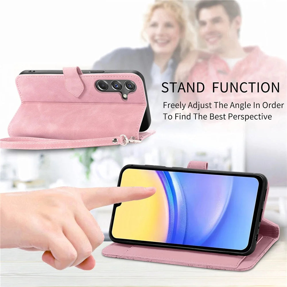 For Samsung Galaxy A15 4G / 5G Zipper Wallet Case with Strap Flower Imprint PU Leather Phone Cover - Pink - 7