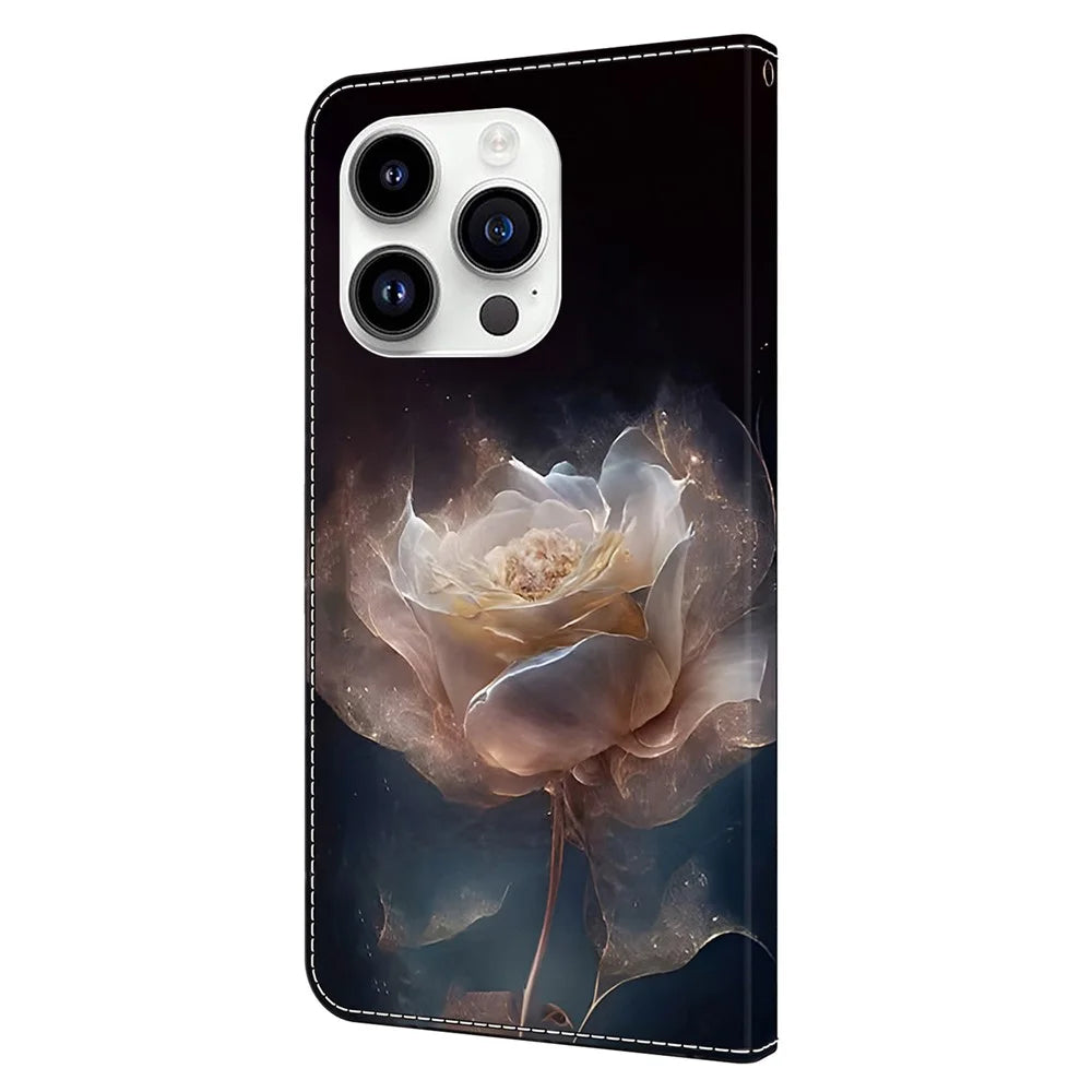 For iPhone 14 Pro Case Pattern PU Leather Flip Phone Cover Wallet - Peony - 7