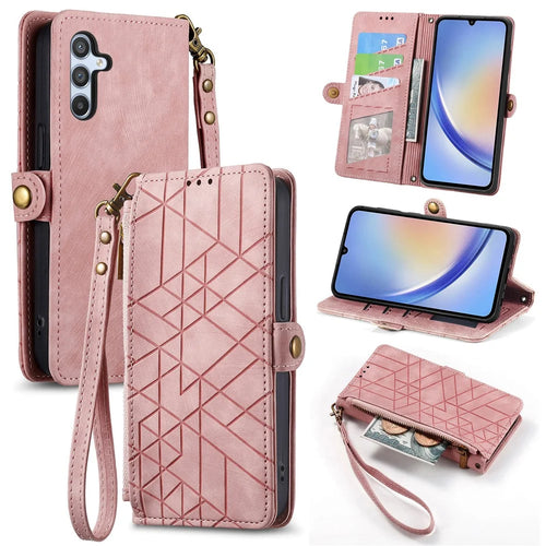 For Samsung Galaxy A55 5G Zipper Wallet Case Geometry Lines Leather Phone Cover with Strap - Pink - 1