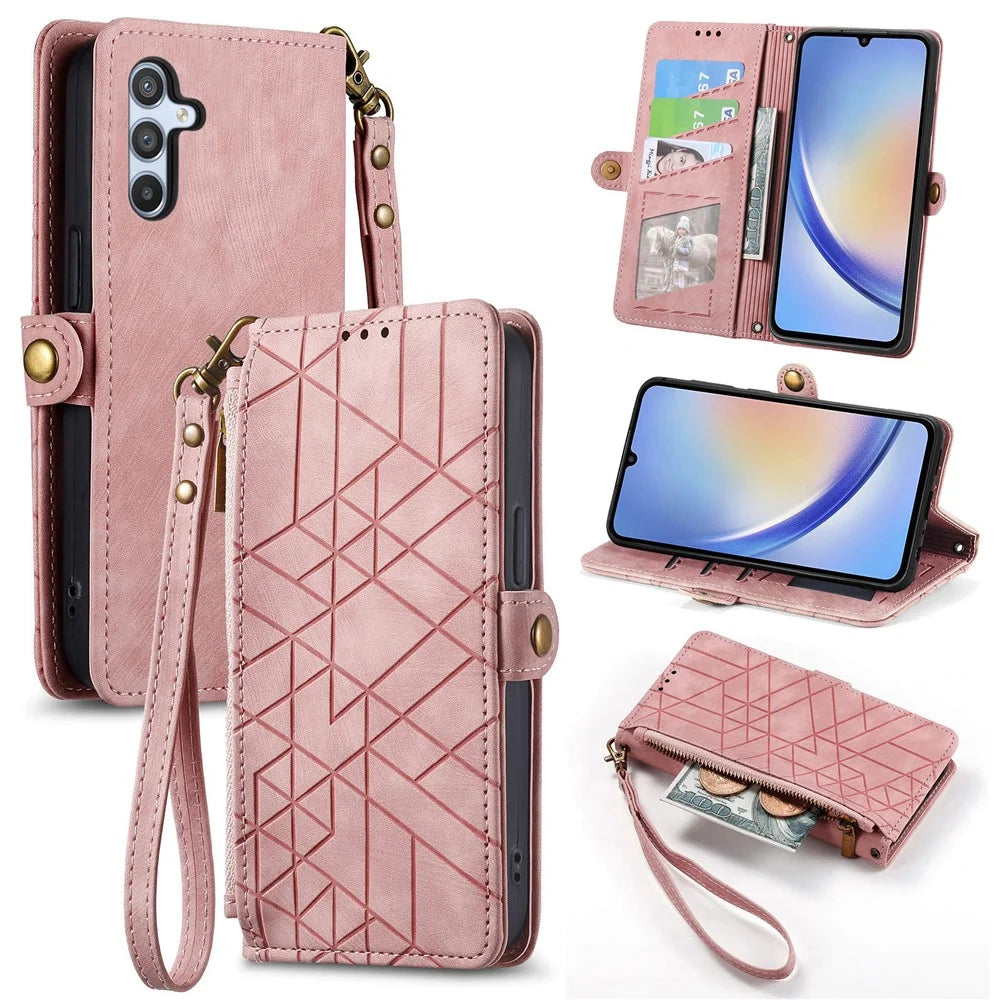 For Samsung Galaxy A55 5G Zipper Wallet Case Geometry Lines Leather Phone Cover with Strap - Pink - 1
