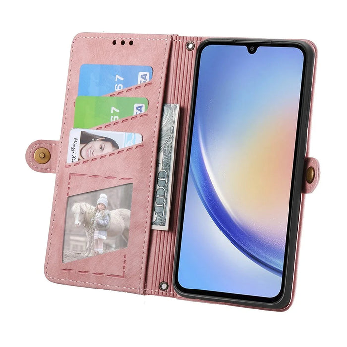 For Samsung Galaxy A55 5G Zipper Wallet Case Geometry Lines Leather Phone Cover with Strap - Pink - 2