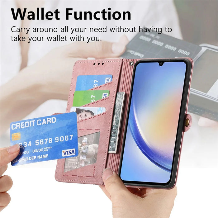 For Samsung Galaxy A55 5G Zipper Wallet Case Geometry Lines Leather Phone Cover with Strap - Pink - 6