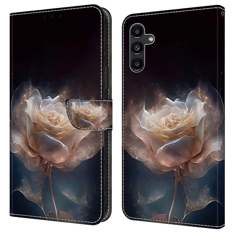 For Samsung Galaxy A55 5G Leather Case Wallet Stand Phone Cover Pattern Printed - Peony - 1