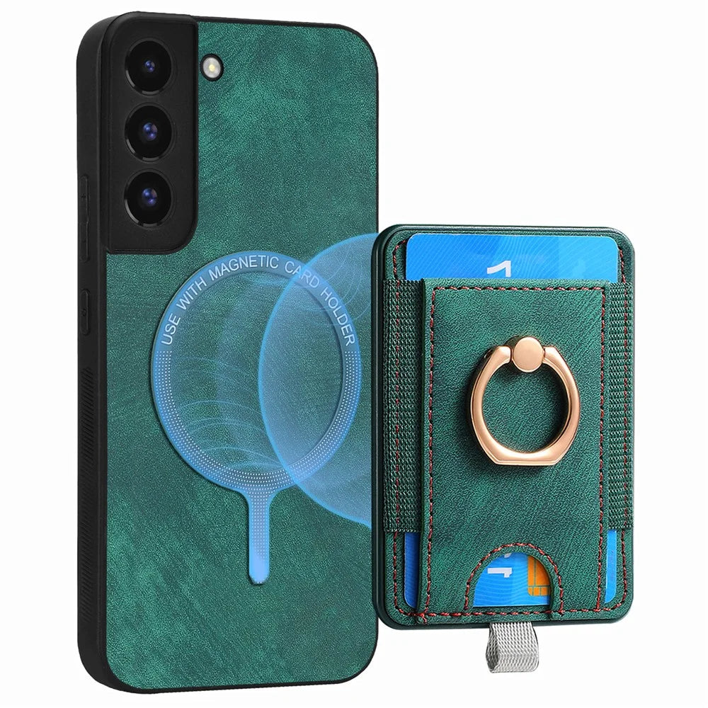 D7 For Samsung Galaxy S22 5G Case Detachable Magnetic Card Slot Kickstand Phone Case - Green - 1