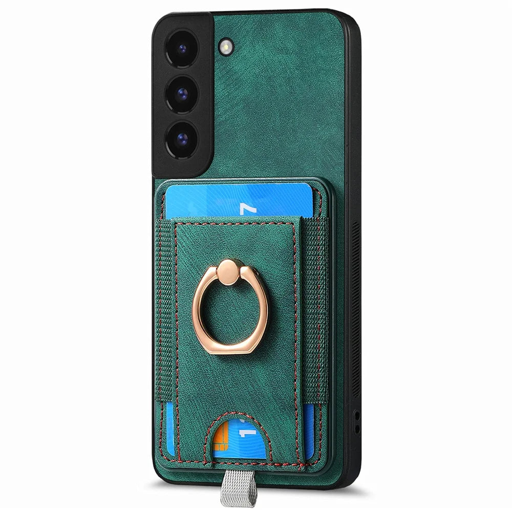 D7 For Samsung Galaxy S22 5G Case Detachable Magnetic Card Slot Kickstand Phone Case - Green - 2